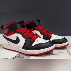 Nike, Jordan 1 Mid Kids' Black and Red Sneakers, Size 13c